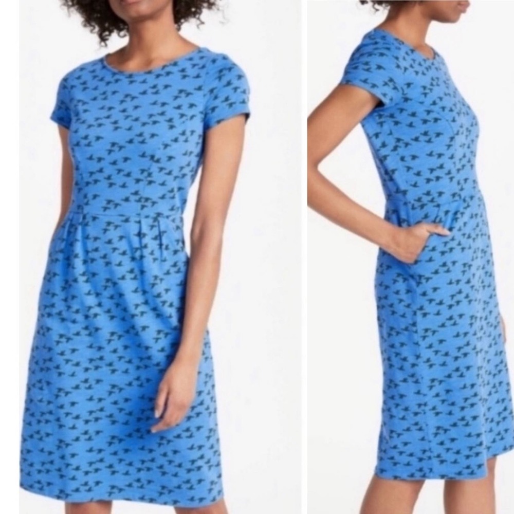 Boden Phoebe Jersey Dress Bird Print Midi Blue SZ 4P